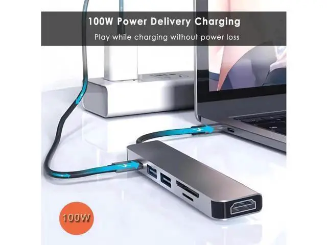 Alt view image 5 of 7 - USB C Hub, USB C Adapter 6 in 1 Multi-port USB C to with 4K HDMI, SD/TF Card Reader, USB C 100W PD, USB 3.0 and USB 2.0, USB C Dock Compatible for MacBook and Type C Devices