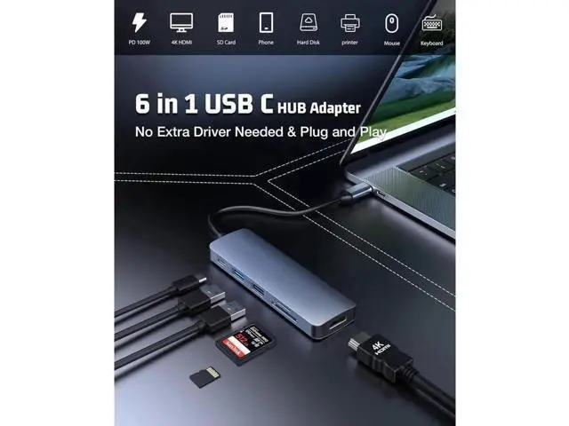 Alt view image 3 of 7 - USB C Hub, USB C Adapter 6 in 1 Multi-port USB C to with 4K HDMI, SD/TF Card Reader, USB C 100W PD, USB 3.0 and USB 2.0, USB C Dock Compatible for MacBook and Type C Devices