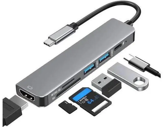 Main image of USB C Hub/Adapter, 6 in 1 with 4K HDMI Output, USB 3.0, 2*USB 2.0, SD/TF Card Reader, USB C Dongle for MacBook Pro/Air, XPS More Type C Devices