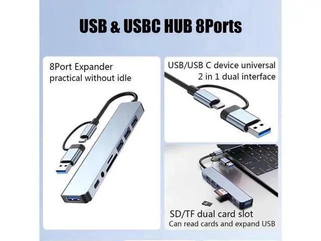 Alt view image 4 of 7 - USB Hub,USB C hub,USB hub with USB C Multiport Adapter, USB Splitter with 1xUSB 3.0,2xUSB2.0,TF/SD Card Reader,USB c hub for MacBook Pro/PC/Laptop/Tablet Devices (Grey 8in1)