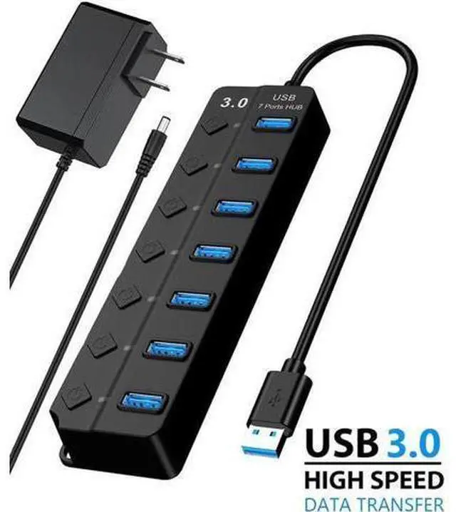 Main image of Powered USB 3.0 Hub, 7 Ports USB Data Hub Splitter Plus USB Extension Including Individual Switches and 5V DC Power Adapter - Black(7IN1HUB)