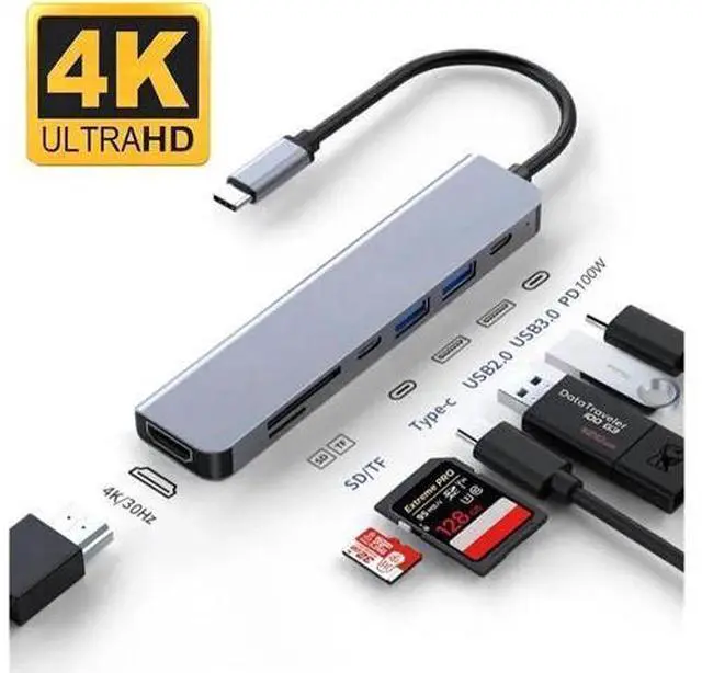 Main image of USB C Hub, 7 in 1 USB C to HDMI Multiport Adapter, 4K HDMI, Power Delivery 100 W, USB 3.0 Port, USB 2.0, USB C , SD/TF Card Reader, USB C Dongle for MacBook Pro/Air, Laptop and USB C Devices