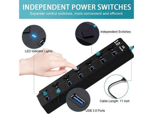Alt view image 7 of 7 - Powered USB 3.0 Hub, 7 Ports USB Data Hub Splitter Plus USB Extension Including Individual Switches and 5V DC Power Adapter - Black(7IN1HUB)