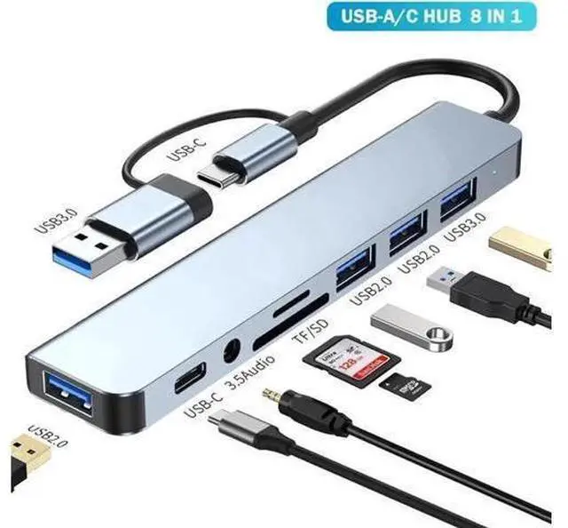 Main image of USB HUB Adapter 8 in 1 Type C Plug Dual Port Connector,Hub Adapter, SD Reader, 2 USB 3.0 Ports for MacBook, iPad,Laptop and More Type C Devices