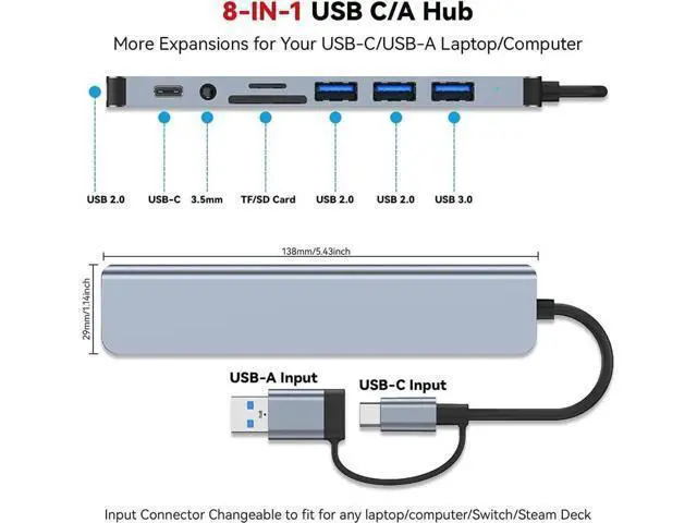 Alt view image 4 of 7 - USB HUB Adapter 8 in 1 Type C Plug Dual Port Connector,Hub Adapter, SD Reader, 2 USB 3.0 Ports for MacBook, iPad,Laptop and More Type C Devices