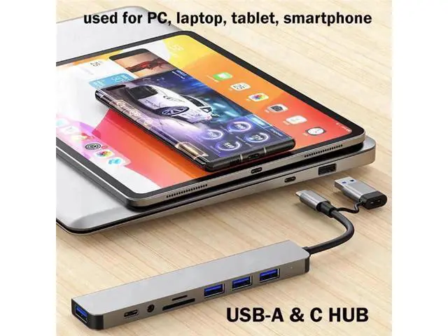 Alt view image 5 of 7 - USB HUB Adapter 8 in 1 Type C Plug Dual Port Connector,Hub Adapter, SD Reader, 2 USB 3.0 Ports for MacBook, iPad,Laptop and More Type C Devices