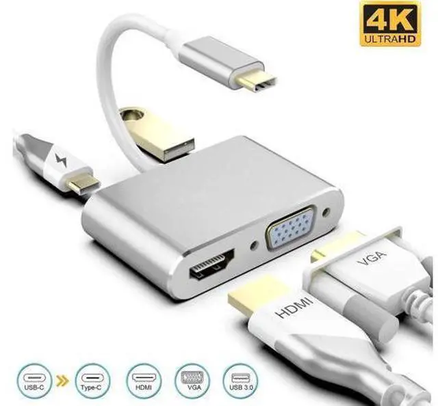 Main image of USB C to HDMI VGA Adapter,Jansicotek Type C 4 in 1 USB Hub with USB 3.1 Quick Charging Port, USB 3.0, VGA & HDMI 4K UHD Output -Silver