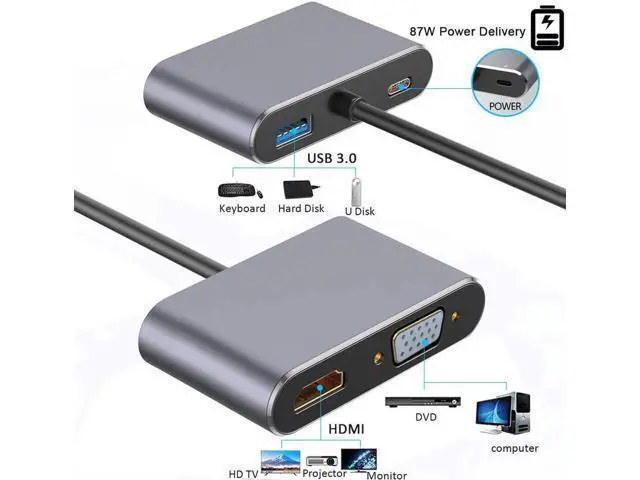 Alt view image 3 of 6 - USB C to HDMI VGA Adapter,Jansicotek Type C 4 in 1 USB Hub with USB 3.1 Quick Charging Port, USB 3.0, VGA & HDMI 4K UHD Output -Silver