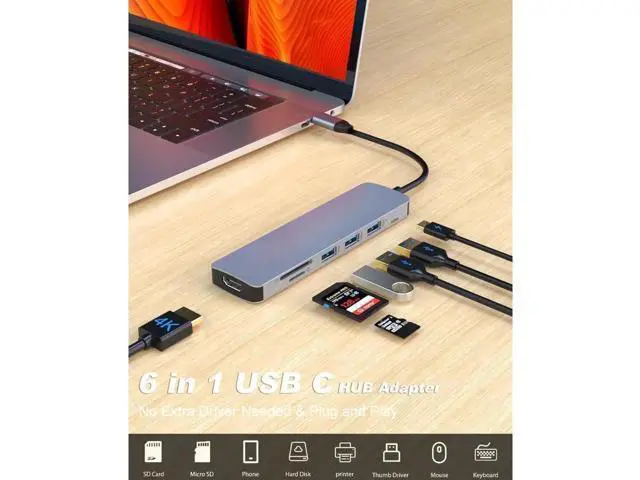 Alt view image 2 of 7 - USB C Hub/Adapter, 6 in 1 with 4K HDMI Output, USB 3.0, 2*USB 2.0, SD/TF Card Reader, USB C Dongle for MacBook Pro/Air, XPS More Type C Devices