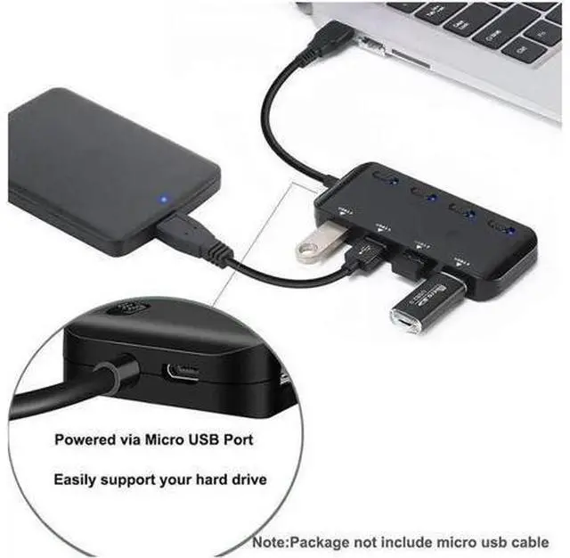 Alt view image 4 of 5 - USB 3.0 Hub Splitter - USB Extender 4 Port USB Ultra Slim Data Hub with Individual Power Switch and LED