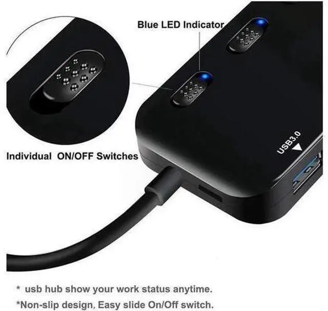 Alt view image 5 of 5 - USB 3.0 Hub Splitter - USB Extender 4 Port USB Ultra Slim Data Hub with Individual Power Switch and LED
