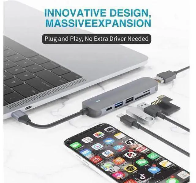 Alt view image 5 of 7 - USB C Hub,Jansicotek 6-In-1 Type C Hub with 4K USB C to HDMI, USB 3.0Ports, USB 2.0 Port, SD/TF Card Reader, USB-C Power Delivery, Portable for Mac Pro and Other Type C Laptops