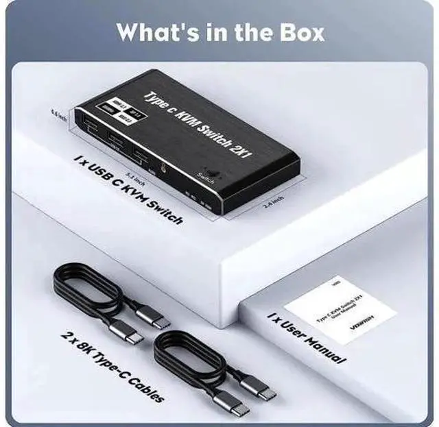 Main image of 2x1 USB C KVM Switch 8K @60Hz 4K @120Hz, 2-Port Type C to HDMI or DP Monitor KVM Switch for 2 Laptops Share 1 Monitor and 3 USB Devices & 100W Power Delivery, 2 USB-C Cables Included