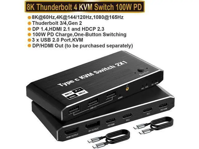 Alt view image 2 of 7 - 2x1 USB C KVM Switch 8K @60Hz 4K @120Hz, 2-Port Type C to HDMI or DP Monitor KVM Switch for 2 Laptops Share 1 Monitor and 3 USB Devices & 100W Power Delivery, 2 USB-C Cables Included