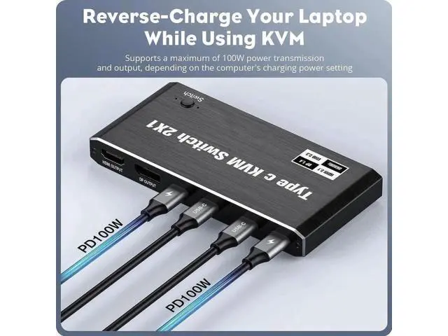 Alt view image 5 of 7 - 2x1 USB C KVM Switch 8K @60Hz 4K @120Hz, 2-Port Type C to HDMI or DP Monitor KVM Switch for 2 Laptops Share 1 Monitor and 3 USB Devices & 100W Power Delivery, 2 USB-C Cables Included