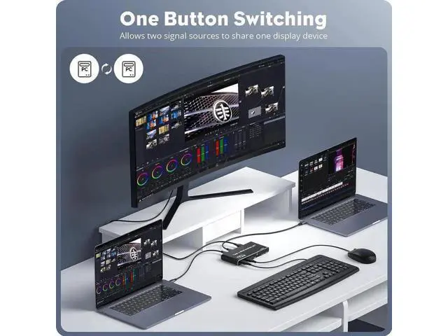 Alt view image 6 of 7 - 2x1 USB C KVM Switch 8K @60Hz 4K @120Hz, 2-Port Type C to HDMI or DP Monitor KVM Switch for 2 Laptops Share 1 Monitor and 3 USB Devices & 100W Power Delivery, 2 USB-C Cables Included