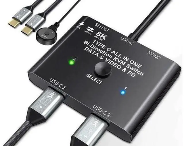 Main image of USB C Switch, Bi-Directional USB C Switcher 2 Computers, USB Type C KVM Switch 8K@60Hz 4K@120Hz Video/10Gbps Data Transfer/100W Charging,Compatible with Thunderbolt Device, 2 USB-C Cables Included