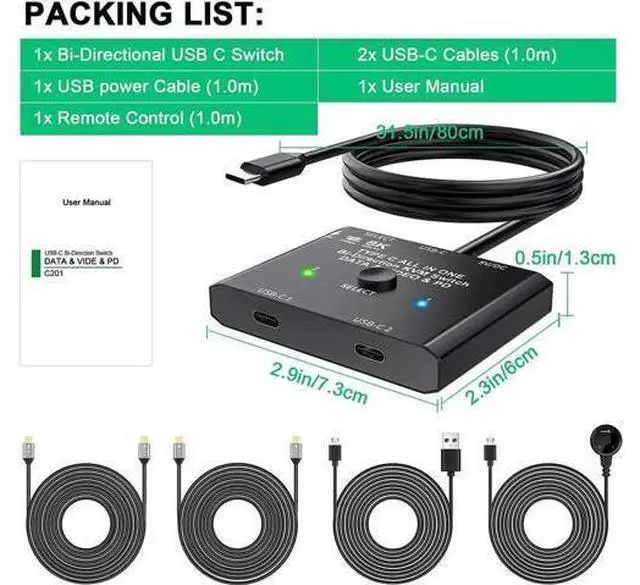 Alt view image 2 of 7 - USB C Switch, Bi-Directional USB C Switcher 2 Computers, USB Type C KVM Switch 8K@60Hz 4K@120Hz Video/10Gbps Data Transfer/100W Charging,Compatible with Thunderbolt Device, 2 USB-C Cables Included