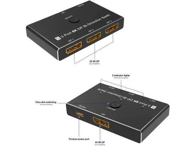 Alt view image 5 of 7 - DisplayPort 8K DP 1.4 Switch 3In 1Out 1In 3Out Bi-Direction 8K@30Hz 4K@144Hz Splitter Converter for Multiple Source and displays