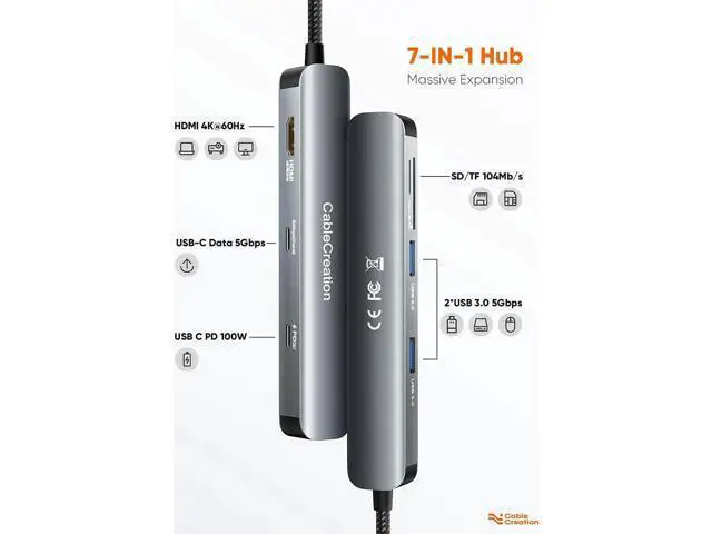 Alt view image 6 of 7 - USB C Hub Multiport Adapter, CableCreation 7-in-1 USB-C Hub with 4K 60Hz HDMI, 100W PD, USB-C and 2 USB 3.0 5Gbps Data Ports, SD/TF Card Slots for Steam Deck, MacBook Pro/Air, iPad Pro, Pixelbook, XPS