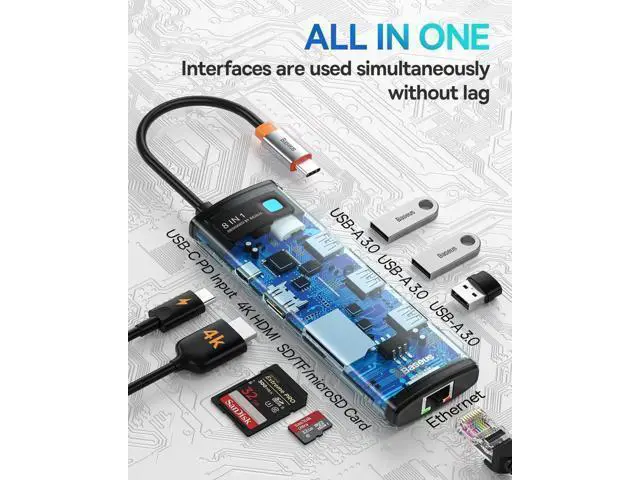 Alt view image 2 of 6 - Baseus 8-in-1 USB C Hub Docking Station, USB C Adapter with 4K HDMI, 3 USB 3.0, TF/SD Reader, Ethernet, 100W Power Delivery Compatible with MacBook, Surface, iPad, Steam Deck or Other Type C Devices