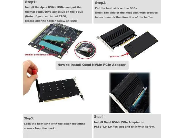 Alt view image 4 of 7 - Quad NVMe PCIe Adapter M.2 NVMe SSD to PCI-e 4.0 3.0 x16 Card with Individual LED Indicator Heat Sink Support 2230 2242 2260 2280 NVMe SSD (PCI-e Bifurcation Required)