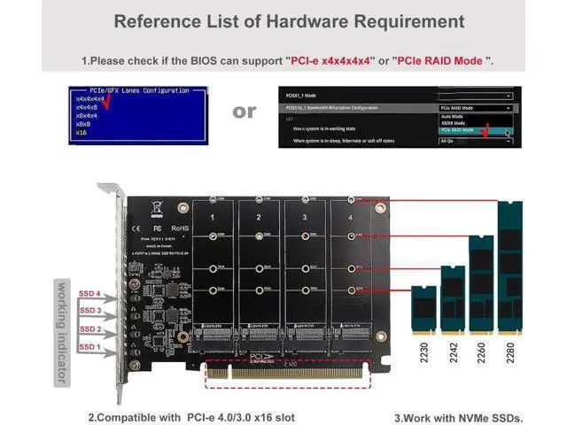 Alt view image 6 of 7 - Quad NVMe PCIe Adapter M.2 NVMe SSD to PCI-e 4.0 3.0 x16 Card with Individual LED Indicator Heat Sink Support 2230 2242 2260 2280 NVMe SSD (PCI-e Bifurcation Required)