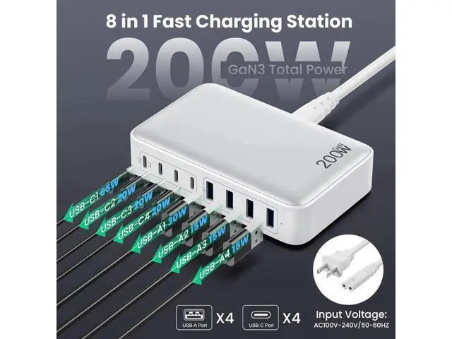Alt view image 2 of 6 - USB C Charger 200W USB C Charger Block Upgraded GaN III 8-Port Fast Charging Station Hub PD 65W Laptop Charger Adapter Compatible with MacBook Pro/Air Steam Deck iPhone 16/15/14 Galaxy S23/22 etc