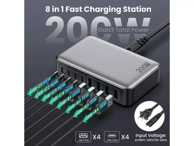 Alt view image 2 of 7 - USB C Charger 200W USB C Charger Block Upgraded GaN III 8-Port Fast Charging Station Hub PD 65W Laptop Charger Adapter Compatible with MacBook Pro/Air Steam Deck iPhone 16/15/14 Galaxy S23/22 etc