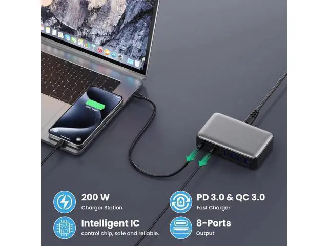 Alt view image 3 of 7 - USB C Charger 200W USB C Charger Block Upgraded GaN III 8-Port Fast Charging Station Hub PD 65W Laptop Charger Adapter Compatible with MacBook Pro/Air Steam Deck iPhone 16/15/14 Galaxy S23/22 etc