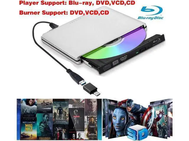 Alt view image 4 of 7 - Aluminum Blu-Ray Player USB3.0 with Type-C adapter Superdrive External DVD/CD Reader and DVD/CD Burner for Apple-MacBook Air/Pro/iMac/Mini/MacBook Pro/ASUS/ASUS/DELL, Silver