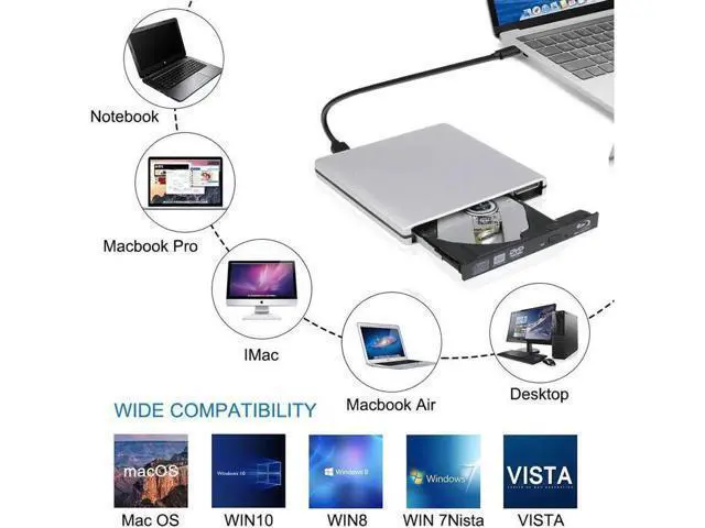 Alt view image 2 of 7 - Aluminum Blu-Ray Player USB3.0 with Type-C adapter Superdrive External DVD/CD Reader and DVD/CD Burner for Apple-MacBook Air/Pro/iMac/Mini/MacBook Pro/ASUS/ASUS/DELL, Silver