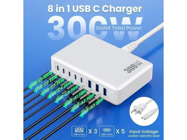 Alt view image 2 of 7 - USB C Charger 300W USB C Charger Block 8-Ports GaN IV Fast Charging Station PD 100W Laptop Charger Hub Wall Charger Adapter Compatible with MacBook/Air Steam Desk iPhone 16/15/14 Galaxy S24 etc
