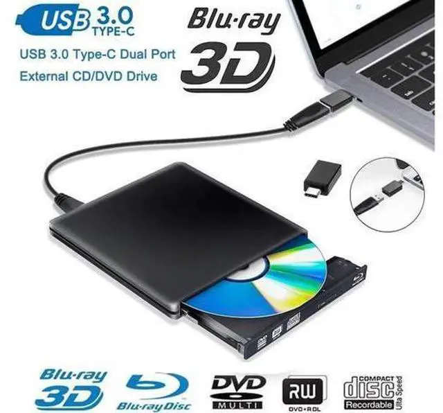 Main image of External Blu Ray DVD Drive 3D USB 3.0 and Type-C Bluray DVD CD RW Row Burner Player Rewriter Compatible for MacBook OS Windows 7 8 10 PC iMac - Black