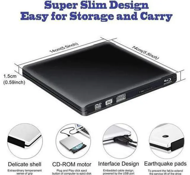 Alt view image 5 of 7 - External Blu Ray DVD Drive 3D USB 3.0 and Type-C Bluray DVD CD RW Row Burner Player Rewriter Compatible for MacBook OS Windows 7 8 10 PC iMac - Black