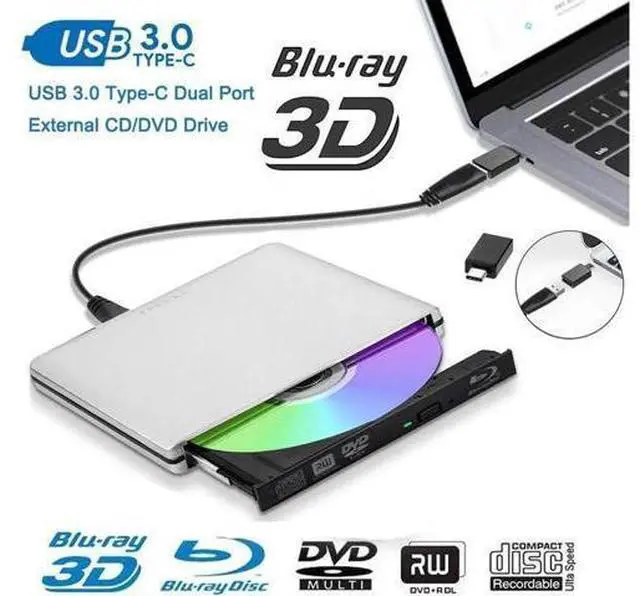 Main image of External Blu Ray DVD Drive 3D USB 3.0 and Type-C Bluray DVD CD RW Row Burner Player Rewriter Compatible for MacBook OS Windows 7 8 10 PC iMac - Silver