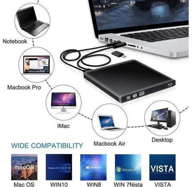 Alt view image 6 of 7 - External Blu Ray DVD Drive 3D USB 3.0 and Type-C Bluray DVD CD RW Row Burner Player Rewriter Compatible for MacBook OS Windows 7 8 10 PC iMac - Black