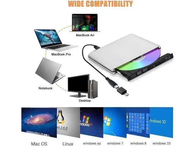 Alt view image 5 of 7 - External Blu Ray DVD Drive 3D USB 3.0 and Type-C Bluray DVD CD RW Row Burner Player Rewriter Compatible for MacBook OS Windows 7 8 10 PC iMac - Silver