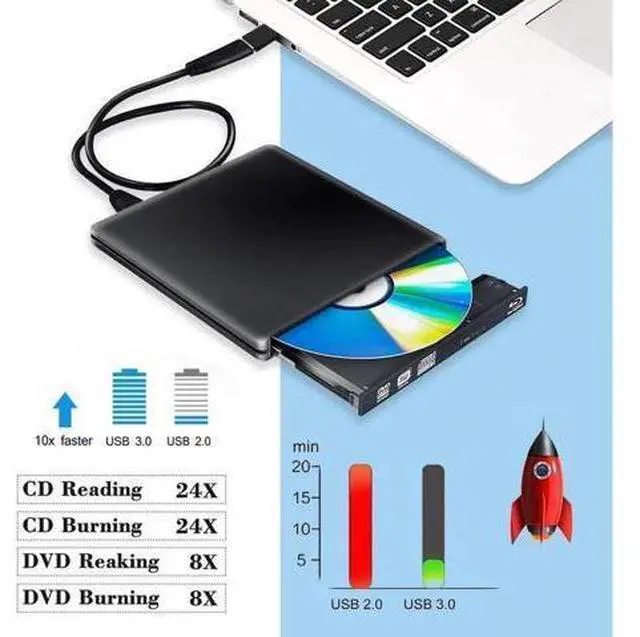 Alt view image 7 of 7 - External Blu Ray DVD Drive 3D USB 3.0 and Type-C Bluray DVD CD RW Row Burner Player Rewriter Compatible for MacBook OS Windows 7 8 10 PC iMac - Black