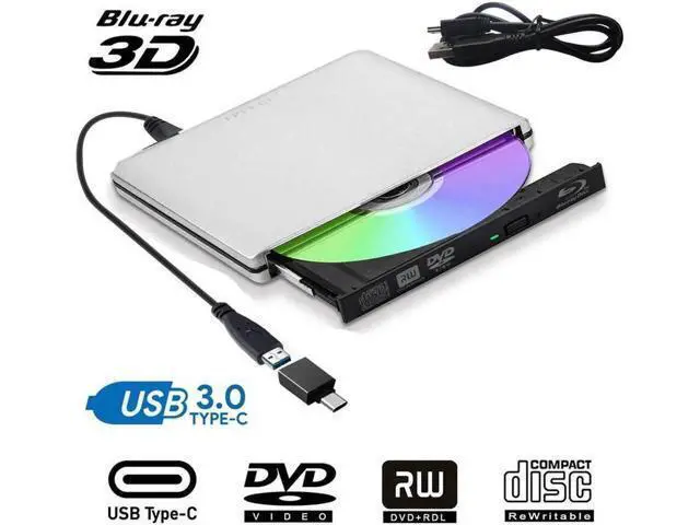 Alt view image 2 of 7 - External USB3.0/USB-C Blu-Ray Drive DVD Drive USB External Portable DVD Burner BD-ROM DVD/CD-RW/ROM Writer for Windows 2000/XP/Vista/Win7/Win8/Win10 Notebook PC Desktop Computer,Silver