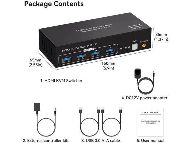 Alt view image 7 of 7 - Dual Monitor HDMI KVM Switch, 2 Port HDMI 4K@60Hz KVM Switcher for 2 Computers 2 Monitors with 4 USB 3.0 Ports Support Copy and Extended Display and Desktop Control Including 2 USB 3.0 Cable