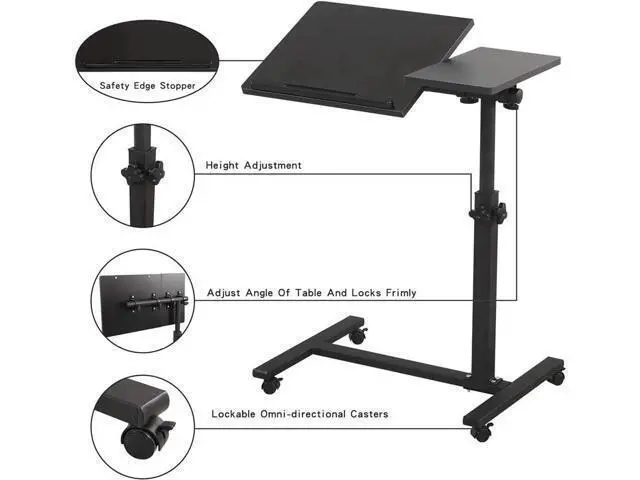 Alt view image 6 of 6 - Overbed Bedside Desk Mobile Rolling Laptop Stand Tilting Overbed Table with Wheels Height Adjustable Tray Table for Laptop Bed Sofa Side Table (Black)