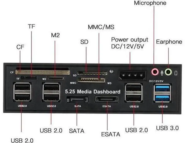 Alt view image 2 of 7 - Multi-Function USB 3.0 Hub eSATA SATA Port Internal Card Reader PC Dashboard Media Front Panel Audio for SD MS CF TF M2 MMC Memory Cards Fits 5.25" Bay