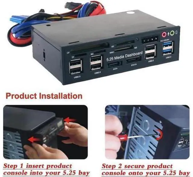 Alt view image 6 of 7 - Multi-Function USB 3.0 Hub eSATA SATA Port Internal Card Reader PC Dashboard Media Front Panel Audio for SD MS CF TF M2 MMC Memory Cards Fits 5.25" Bay