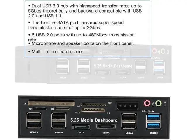 Alt view image 4 of 7 - Multi-Function USB 3.0 Hub eSATA SATA Port Internal Card Reader PC Dashboard Media Front Panel Audio for SD MS CF TF M2 MMC Memory Cards Fits 5.25" Bay