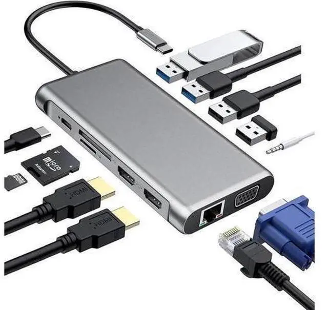 Main image of USB C Triple Monitor Docking Station for Type-C Laptops, 12 in 1 Triple Display USB C Hub Adapter w/2 HDMI 4K+VGA+2 USB3.0+2 USB2.0+100W PD+Ethernet+SD/TF+Audio