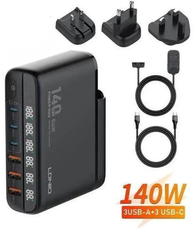 Main image of 140W GaN Fast Charger 6 Port USB Type C Phone Charger Quick Charge 3.0 Power Adapter For iPhone 15 14 13 Xiaomi Samsung Desk Charger - Black