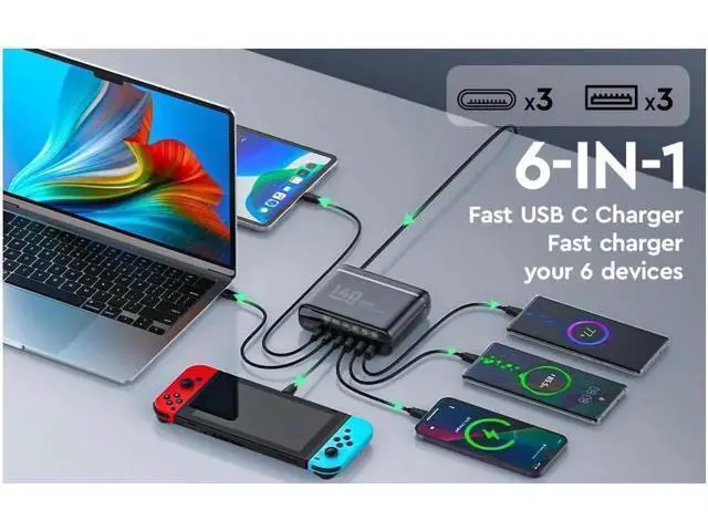 Alt view image 6 of 7 - 140W GaN Fast Charger 6 Port USB Type C Phone Charger Quick Charge 3.0 Power Adapter For iPhone 15 14 13 Xiaomi Samsung Desk Charger - Black