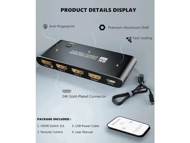 Alt view image 6 of 7 - HDMI Switcher with Remote Control 8K 4K 120hz Ultra HD 8K High Speed 48Gbps Directional HDMI Switch 3in 1out 8K@60Hz 4K@120Hz Switcher Converter Compatible with Xbox PS5 Projectors