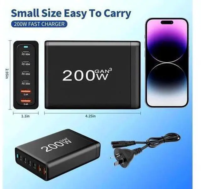 Alt view image 3 of 7 - GaN 200W 6-Port USB-C USB-A Charger QC3.0 PD3.0 Type C Fast Charging Mobile Phone Charging Station for Various Brands of Mobile Phones Tablet PC